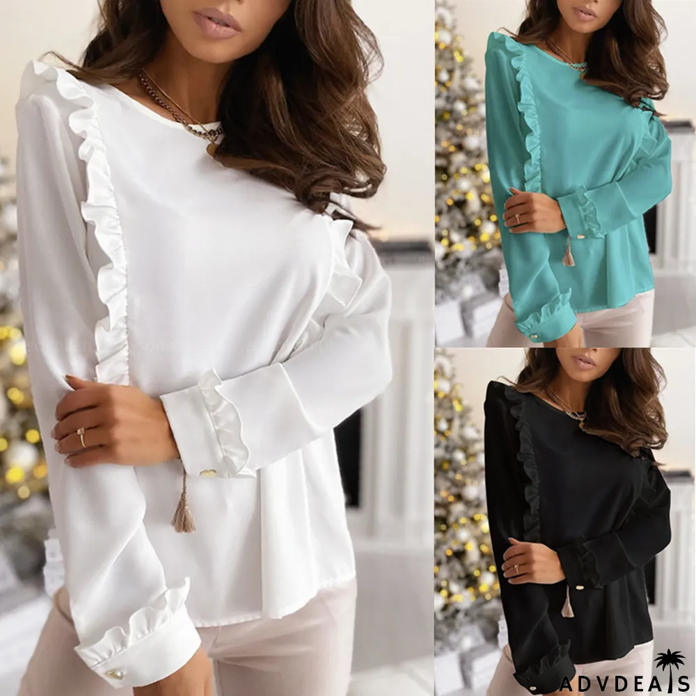 Autumn Solid Plain Back Button Up Ruffle Blouse