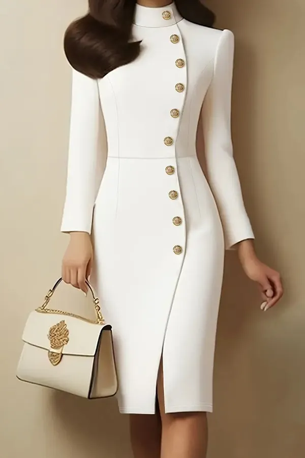 Solid Color Stand Collar Metal Button Slim Midi Dress