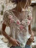 Women's Pink Roses Embroidered Art V-neck Short Sleeve T-shirt