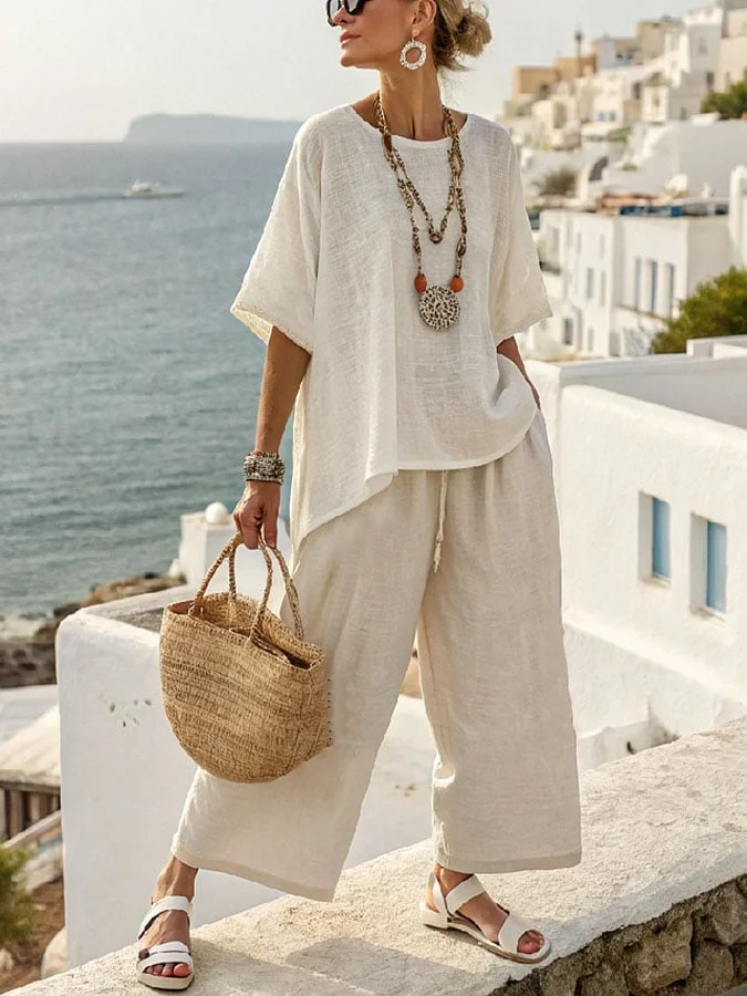 Women's Vacation Round Neck Short Sleeve Solid Color Loose Top Pants Cotton and Linen Suit 