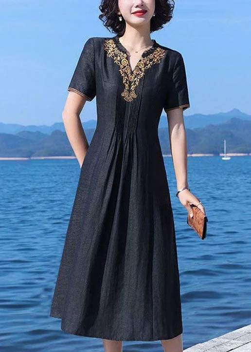 Fine Black V-Neck Wrinkled Patchwork Embroideried Silk Dress Summer