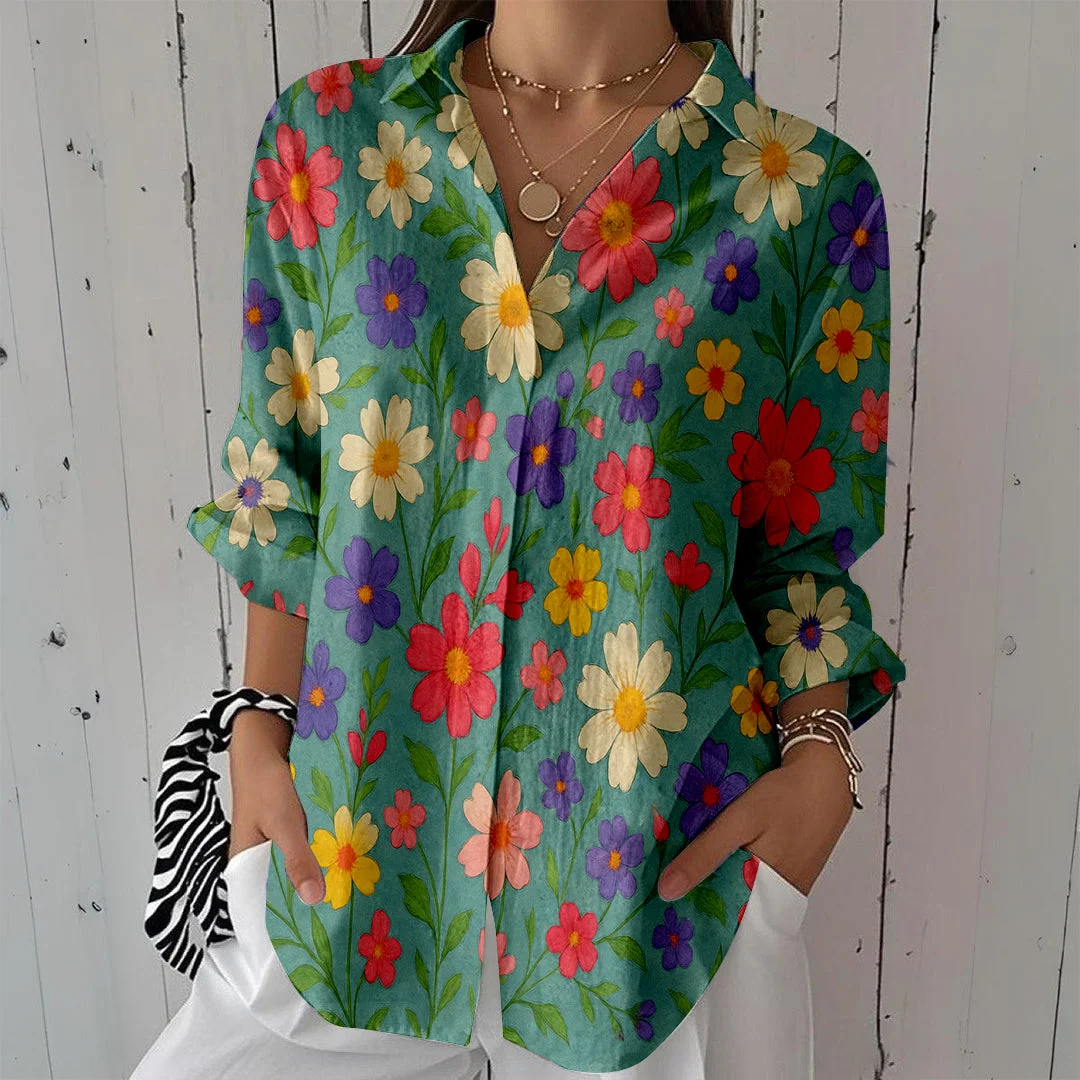 Style & Comfort for Mature Women Women Floral, Green, Red DZCL0218 3/4 Sleeve Shirt Collar Printed Button Tops