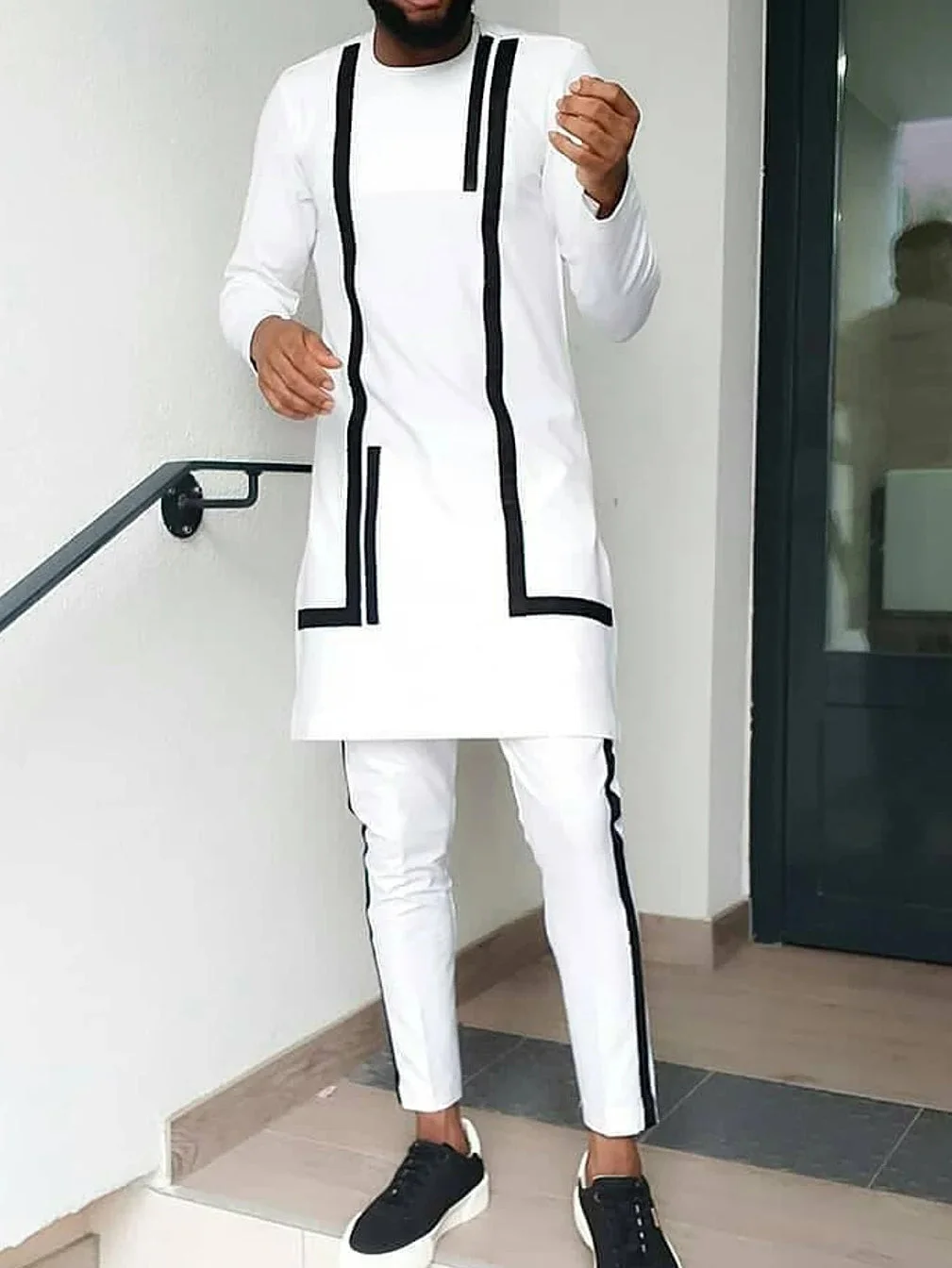Men's chic casual white stripe print two-piece suit