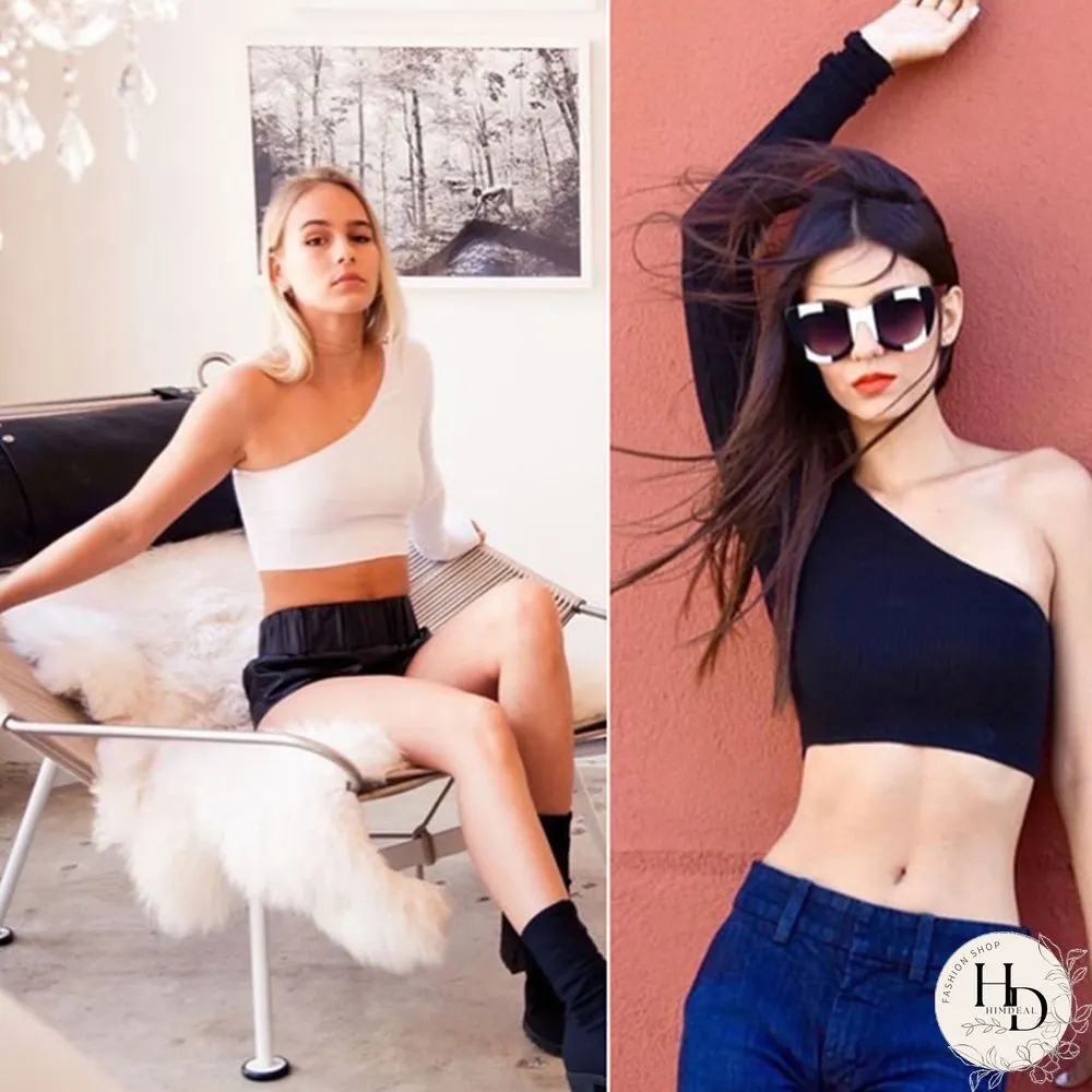 One Shoulder Long Sleeve Camisole Top Femal Knitted Crop Women Tops Streetwear Elastic