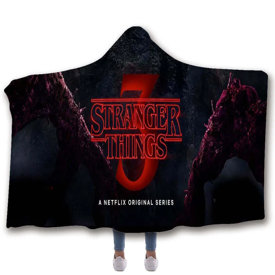 Stranger Things Hooded Blanket For children Sherpa Fleece Hoodie Blanket For Sofa Microfiber Mantle Throw Blanket For Travel