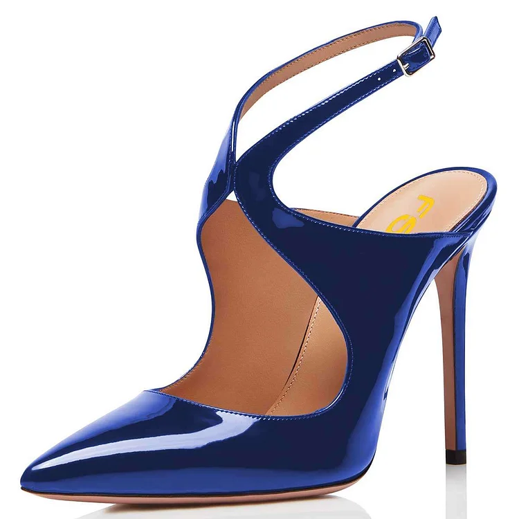 Blue Mirror Leather Slingback Pumps Stiletto Heel Pointy Toe |FSJ Shoes