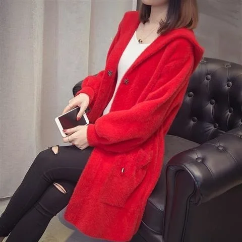 Autumn And Winter New Mink Like Cashmere Coat Women's Cardigan Korean Hooded Loose Medium Length Mink Sweater Coat Thickened