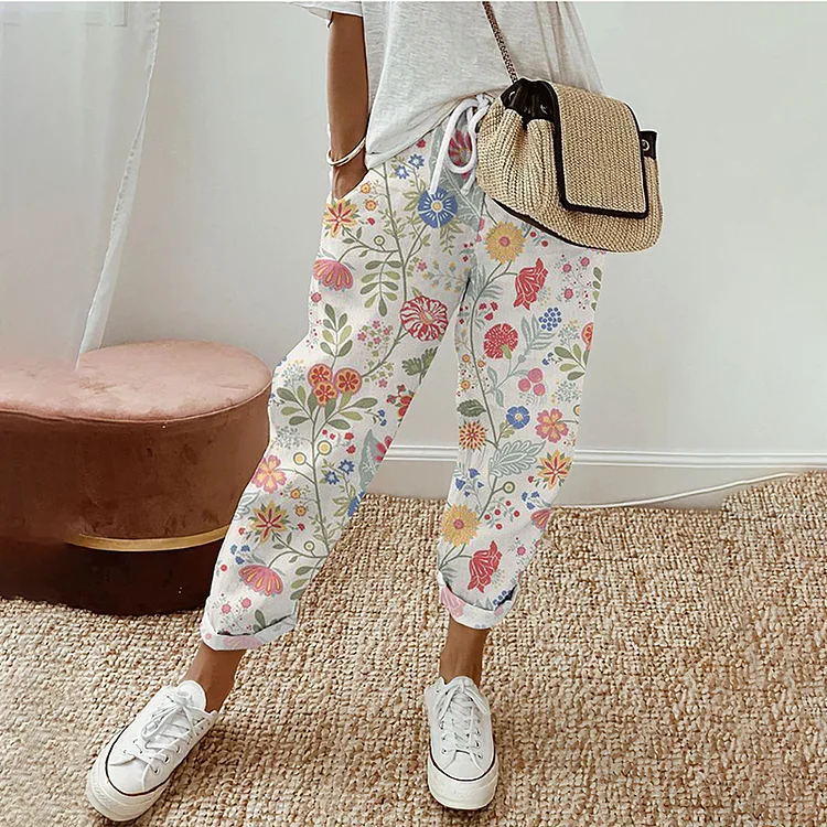 VChics Women'S Pastoral Floral Art Print Cotton Linen Casual Pants