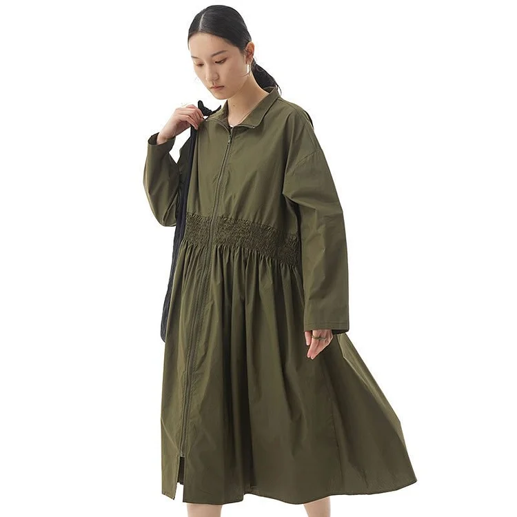 Casual Loose Solid Color Stand Collar Pleated Elasticity Shrink Waist Zip-up Dress