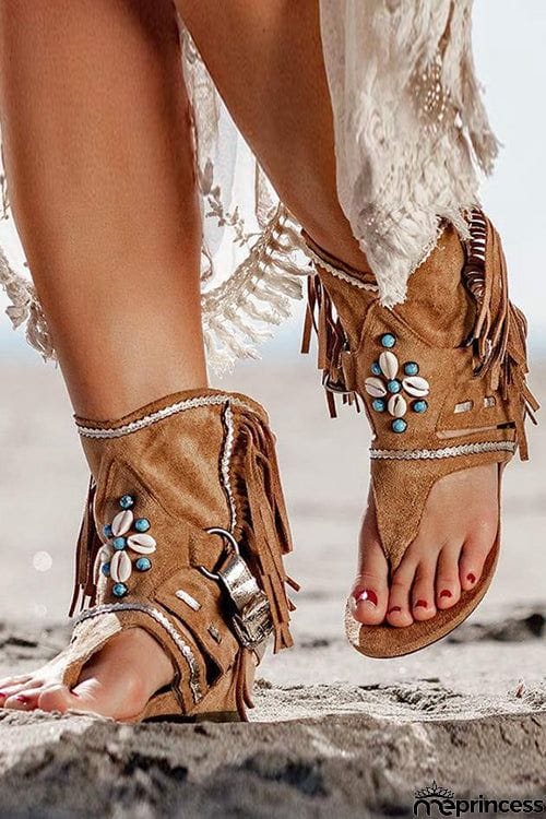 Tassel Beaded Toe Post Flat Sandals