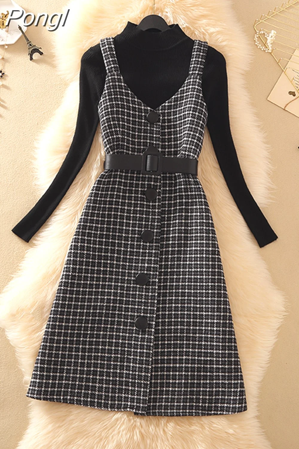 Pongl Piece Dress Set Women Autumn Winter Solid Base Sweater and Sleeveless Knee-Length Plaid Tweed Dresses Suits With belt