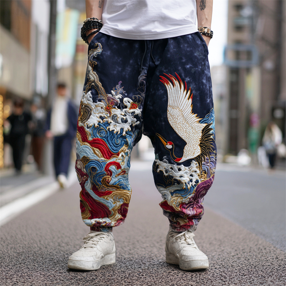 Japanese Wave & Crane Art Men's Sweatpants  artssus