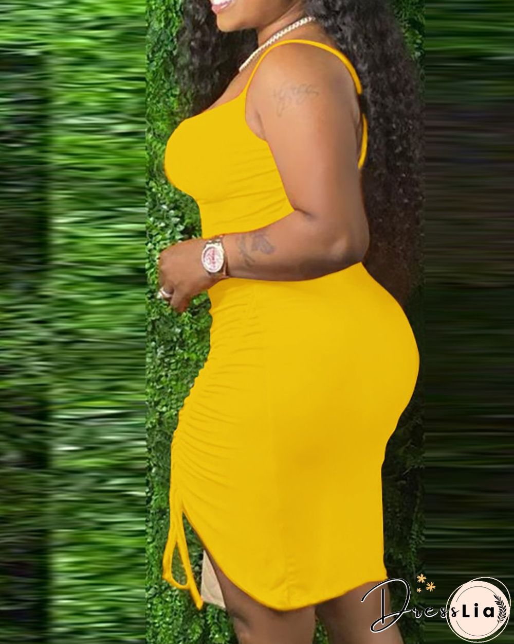 Plain Square Neck Drawstring Ruched Cami Bodycon Dress