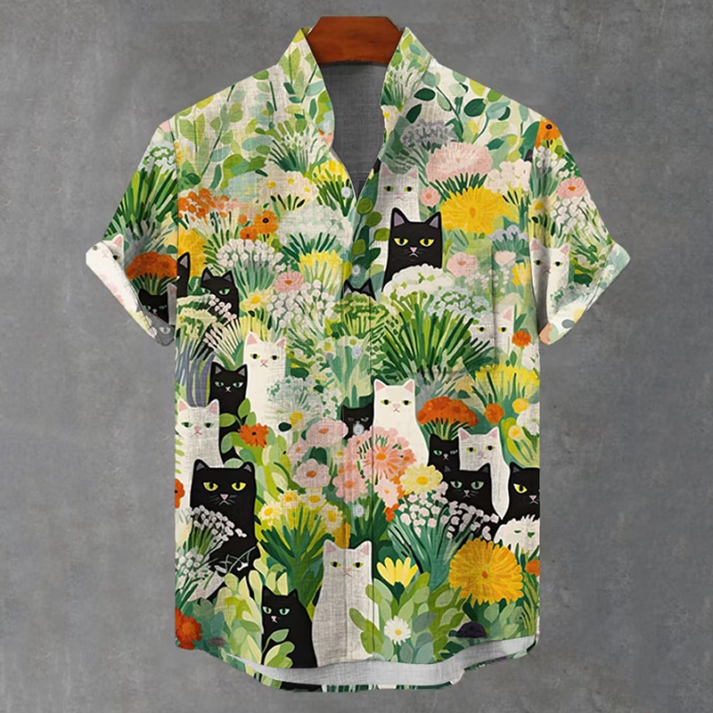 Men's Vintage Black And White Cats Among Romantic Flowers Printing Breast Pocket Stand Collar Flowy Linen Blend Casual Shirt  artssus