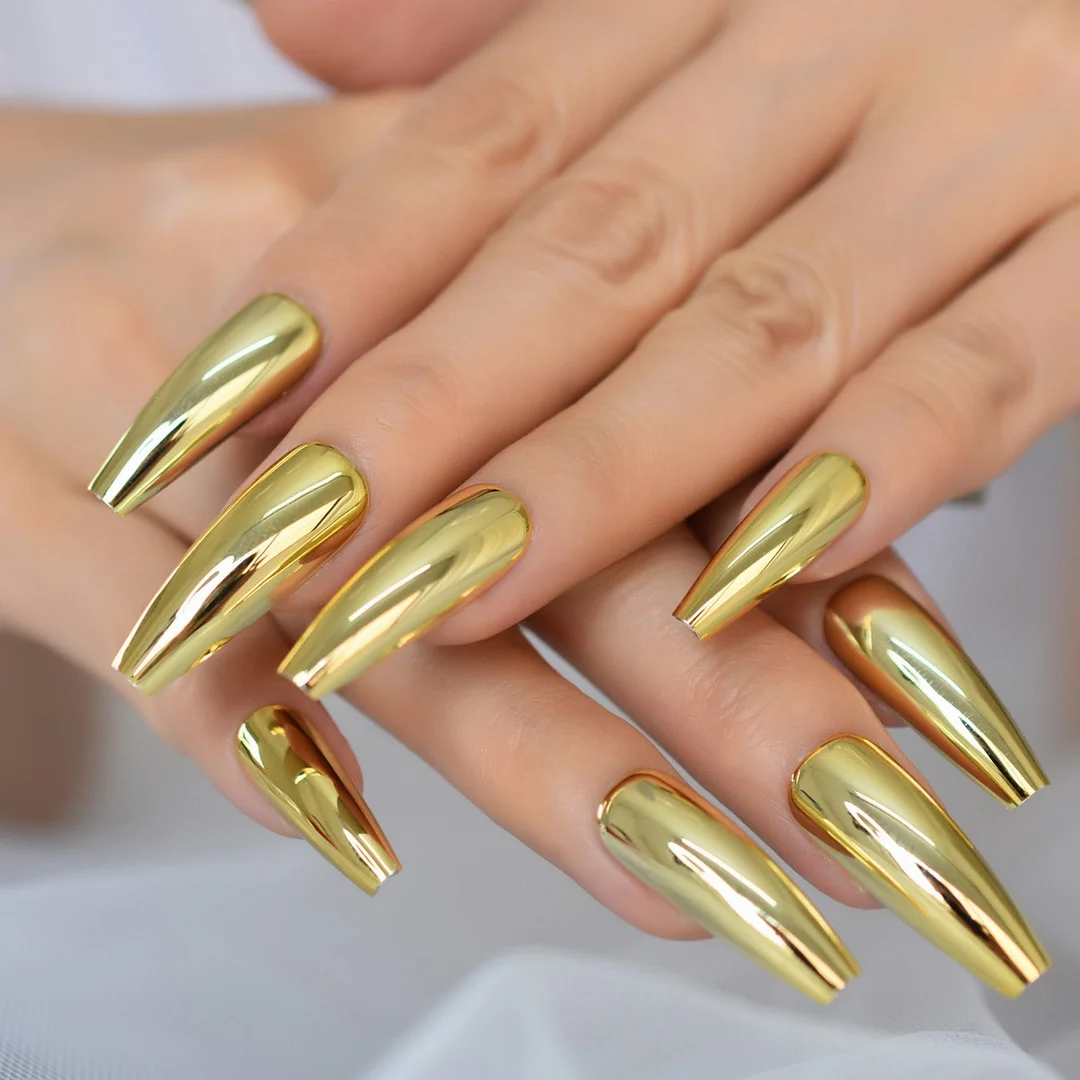Metallic Coffin Nail Tips False Nails Long Ballerina Gold Mirror Fake Nails Press On Full Set For Fingernail Decorations-Nail Inspo