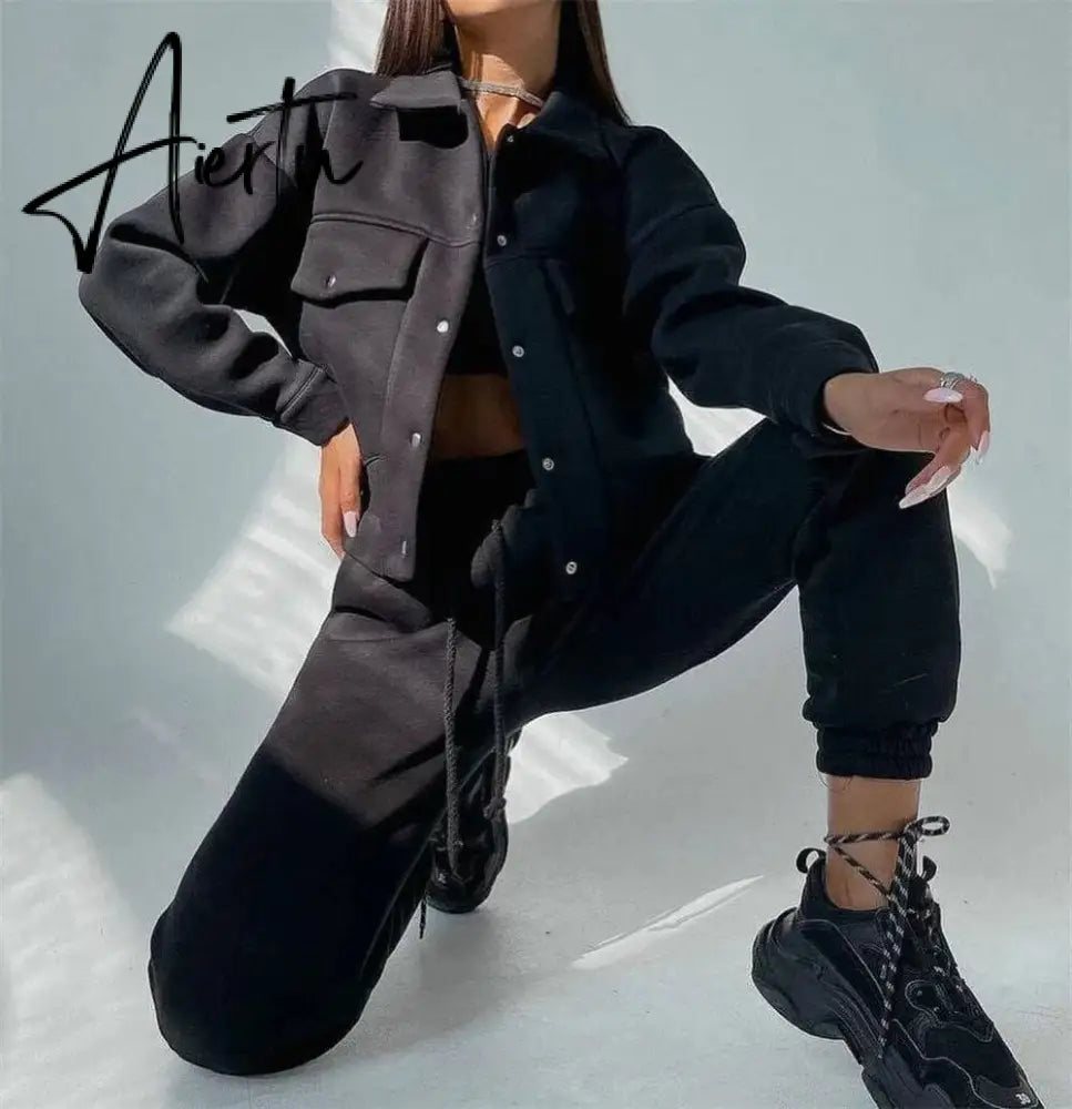 Women's WarmTwo Piece Sets Oversized Sportwear Collar Jacket And Drawstring Trouser Autumn Winter Suits For Women Aiertu