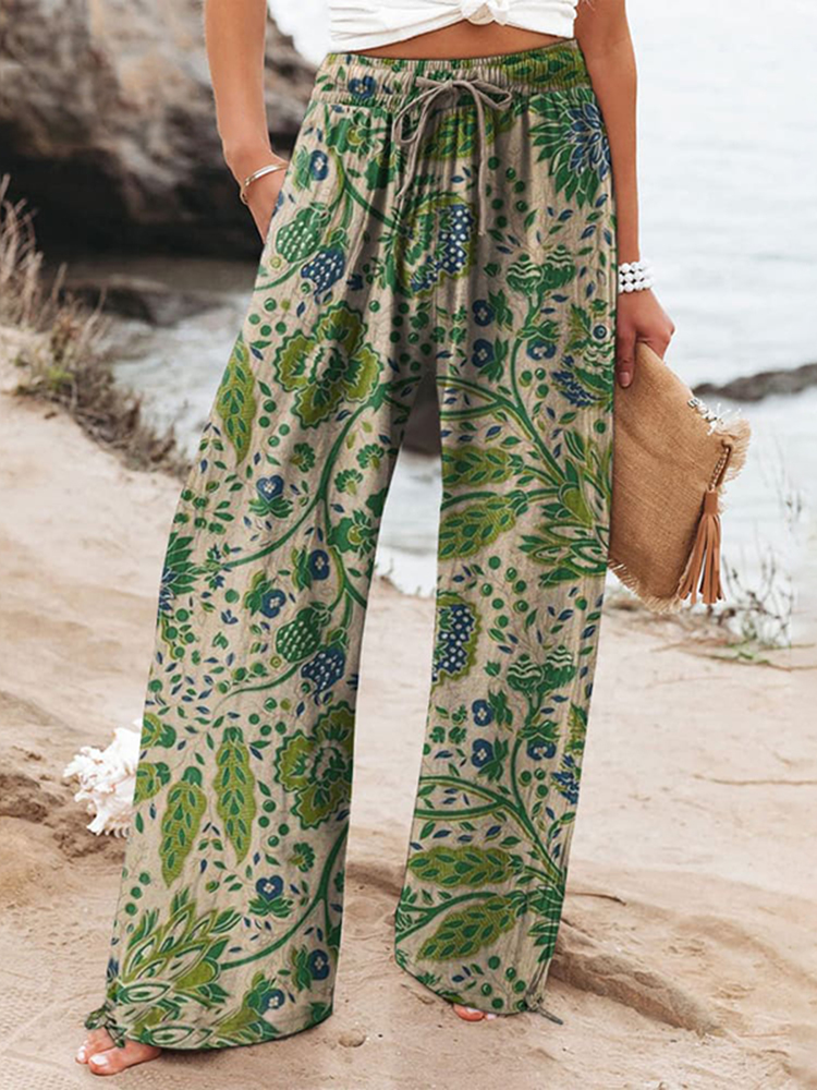 Comstylish Floral Art Printed Cotton And Linen Casual Wide Leg Pants