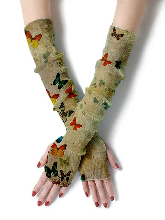 Retro butterfly print sleeve decoration fingerless sleeve gloves sun protection