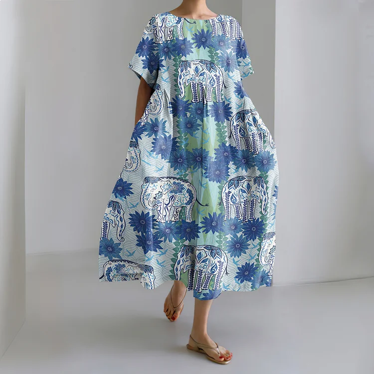 Vintage Ethnic Floral Elephant  Pattern Linen Blend Maxi Dress