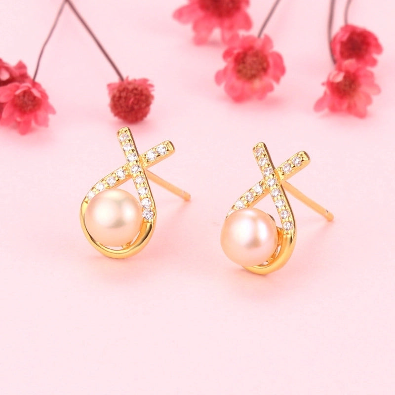 1 Pair 925 Sterling Silver Pearl Geometric Ear Studs