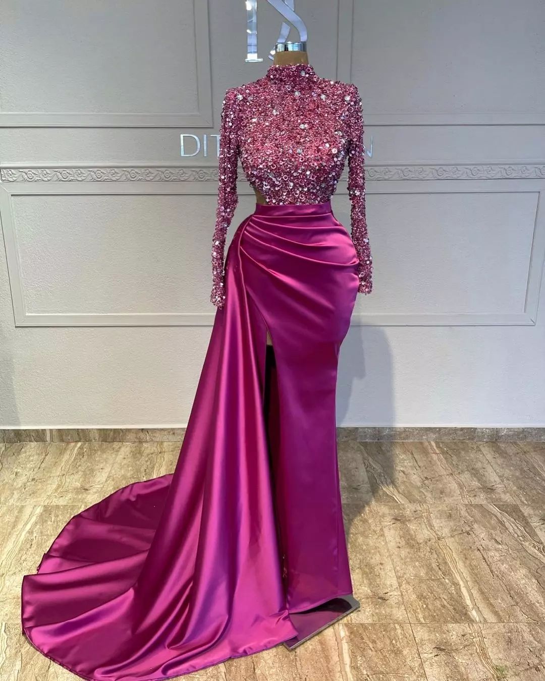 Oknass Sequins Long Sleeve Fuchsia Prom Dress with Split