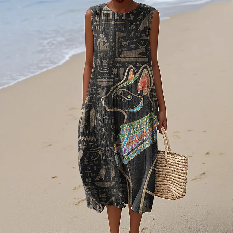 Ancient Egyptian Inspired Vintage Linen Casual Sleeveless Dress