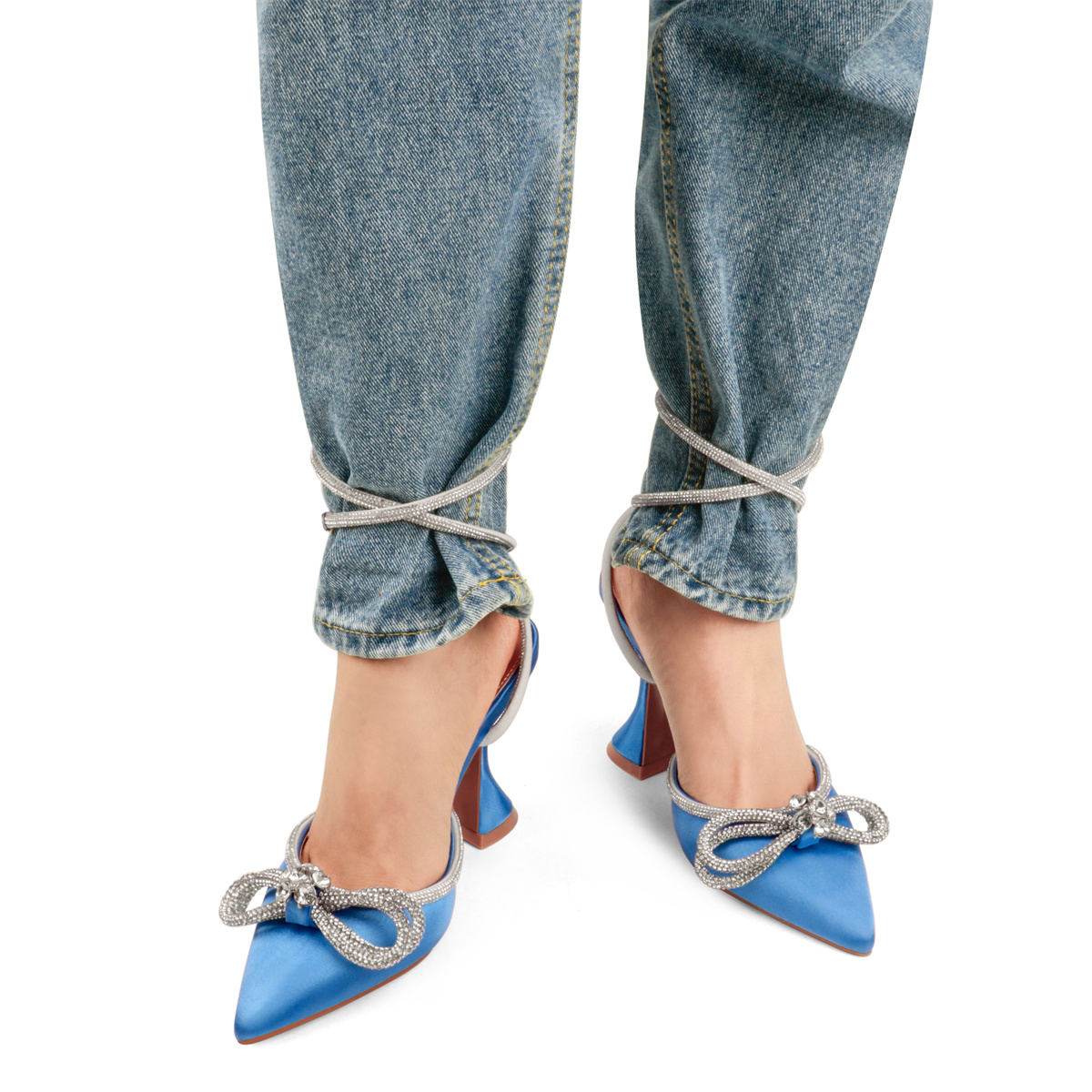 9.5cm/3.74 Women's Double Bow Pointed Toe Ankle Strap Crystal Pumps Wedding Bridal Party Stilettos Backless Satin Heeled Sandals