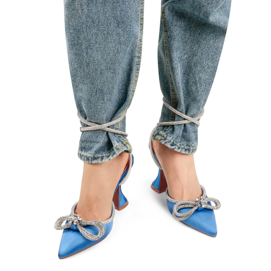 9.5cm/3.74 Women's Double Bow Pointed Toe Ankle Strap Crystal Pumps Wedding Bridal Party Stilettos Backless Satin Heeled Sandals