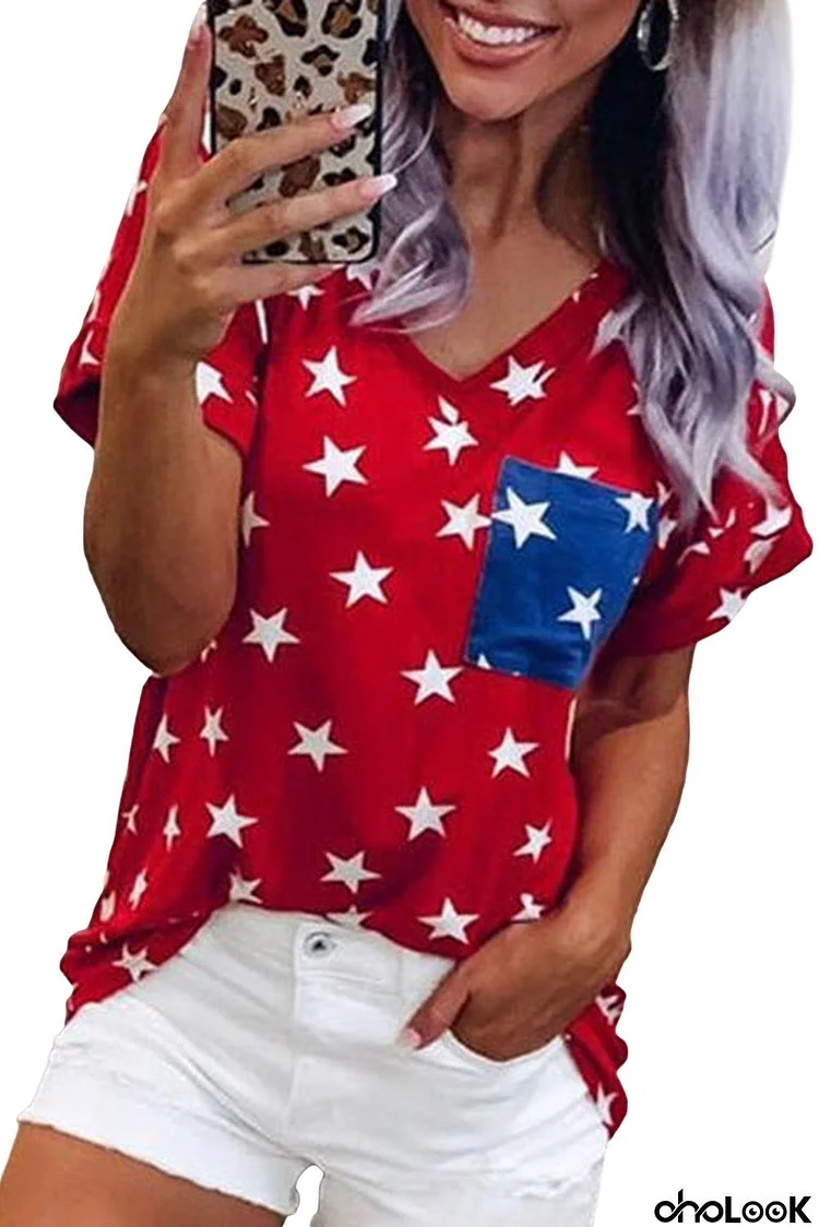 USA Star Print Patch Pocket Blue T-shirt