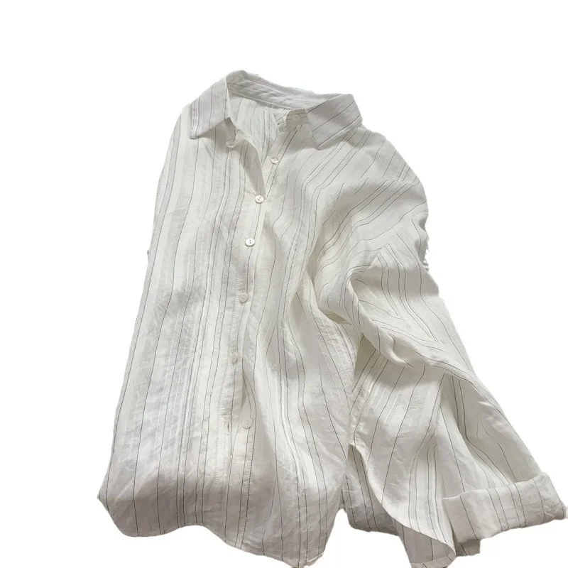 Athvotar Athvotar Striped White Shirt Women's Sun Protection Jacket Top 2025 Spring And Autumn Wear Loose Thin Shirt Tide
