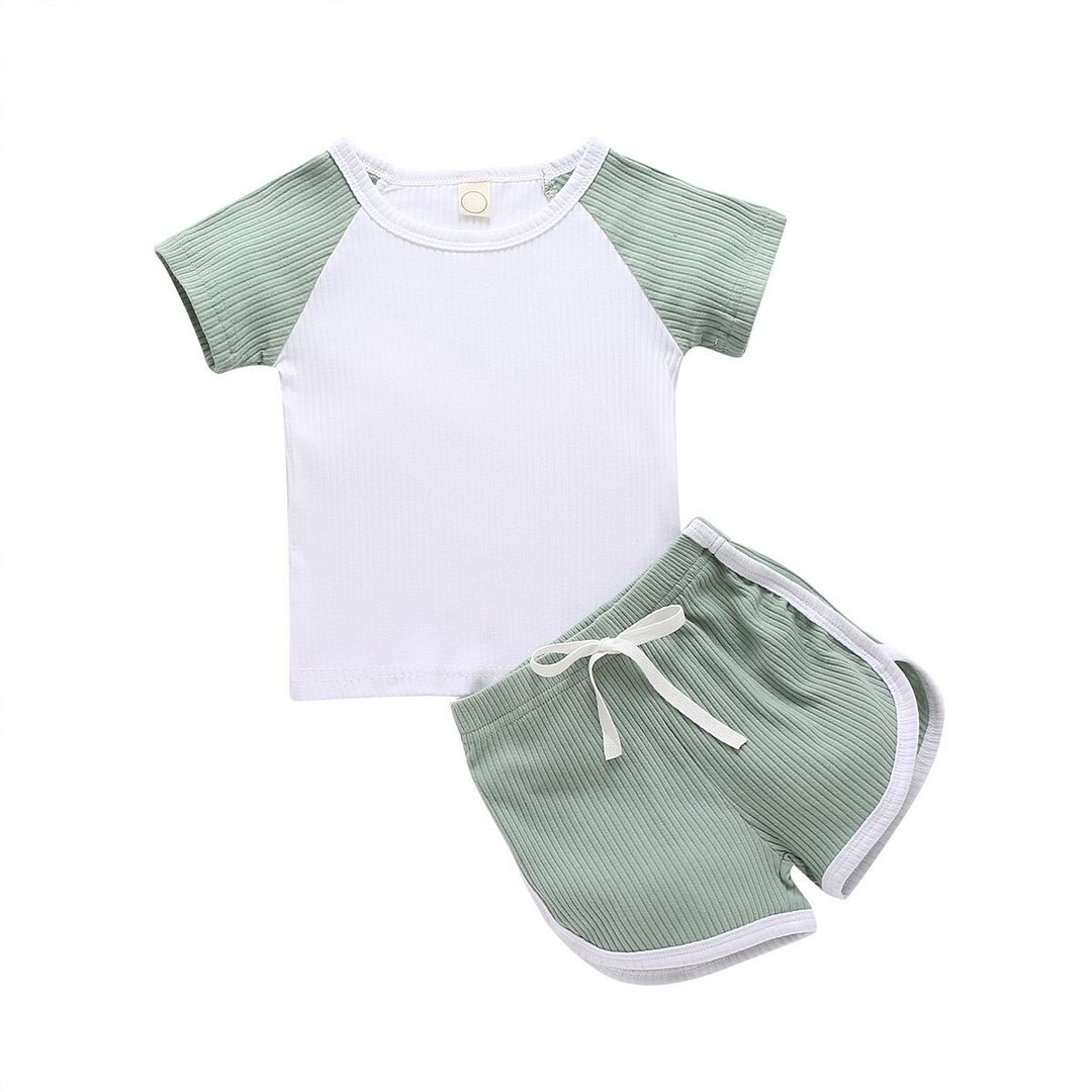 Kids Baby 2-piece Outfit Set Short Sleeve Color Block Shirt Ribbed Top+Shorts Set for Children Boys Girls 6M-4Y