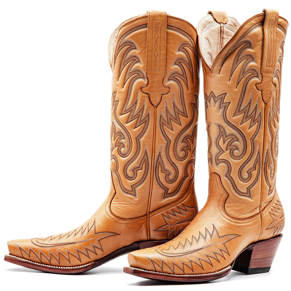 Stitching Snip Toe Chunky Heel Knee-High Cowgirl Boots in Tan Nicepairs