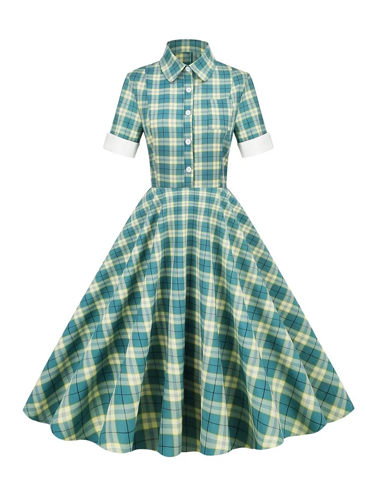 Green 1950s Plaid Swing Dress