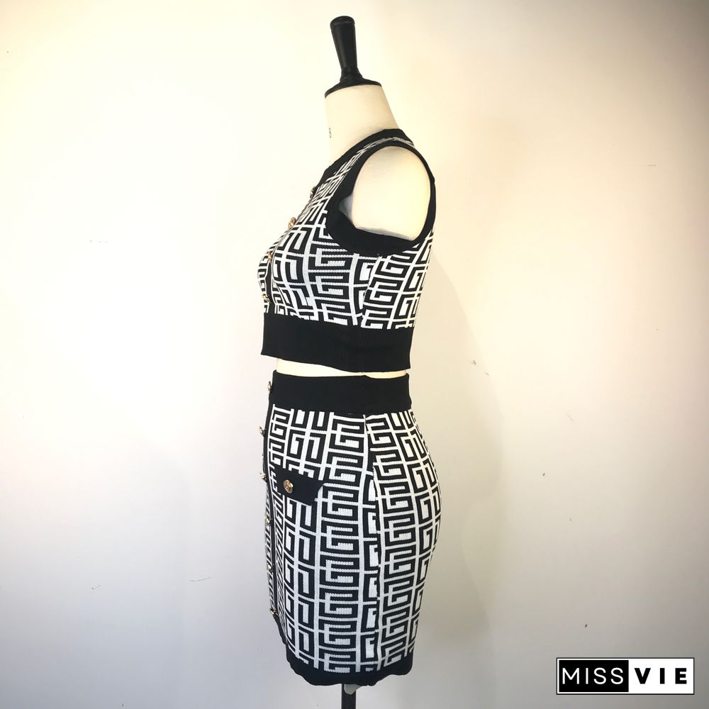 Geometric Knitted Vest Crop Tops Two Piece Skirt Sets