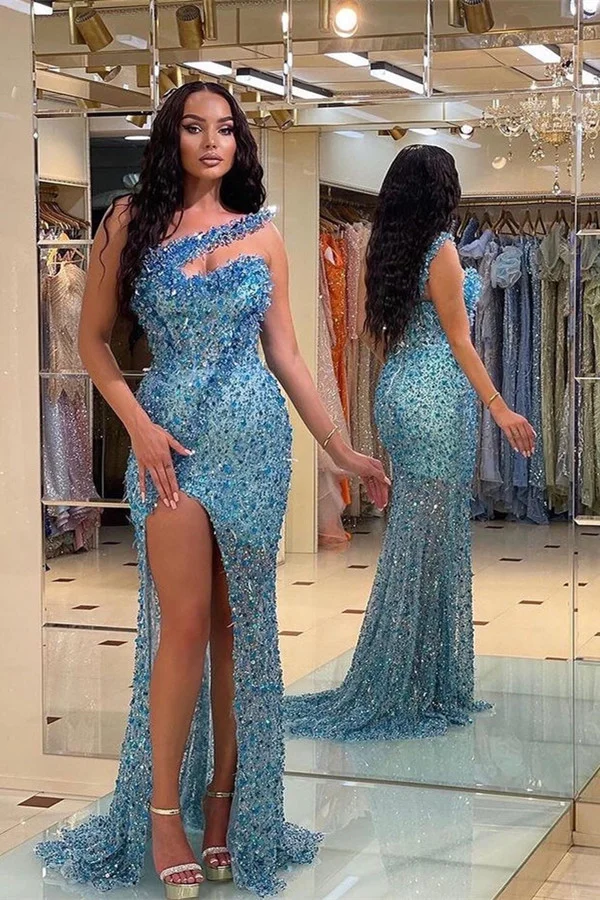 Daisda Gorgeous Blue Strapless Mermaid Prom Dress Split With Beadings