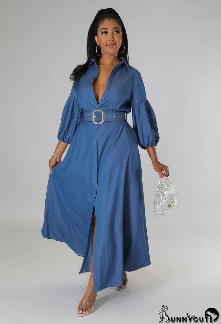 Women Fall Blue Long Sleeved Denim Shirt Dress