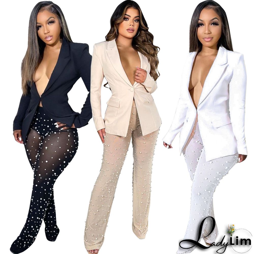 Autumn And Winter Women's Long Sleeve Blazer Beads Mesh Straight Pants Two Piece Suits
