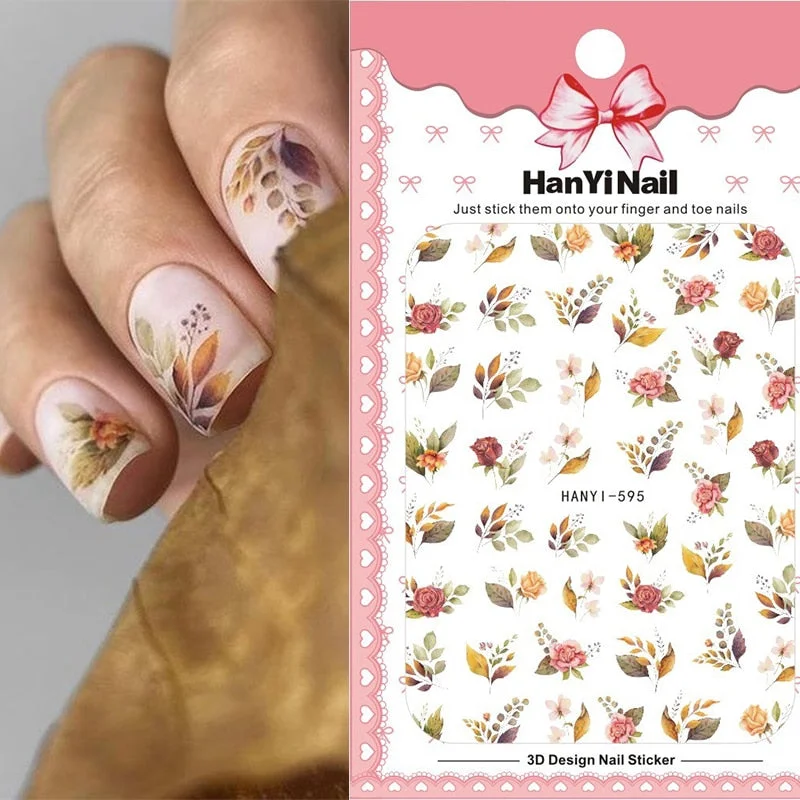 Holographic Fall Nail Foils Stickers Flower Leaf Maple Plants Self Adhesive Transfer Decals Sliders 3D Charms Nail Art Decor-Nail Inspo