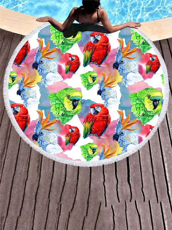 Bird Printed Round Shape Tasseled Soft Beach Mat