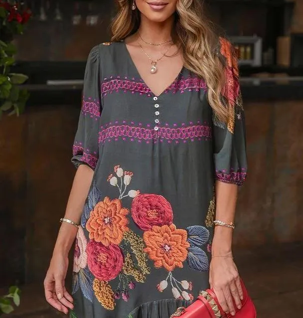 Temperament V-Neck Print Maxi Dress-vocosishoes