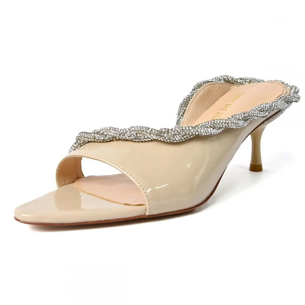 Nude Slides Kitten Heeled Mules Open Toe Slide Heels With Rhinestones