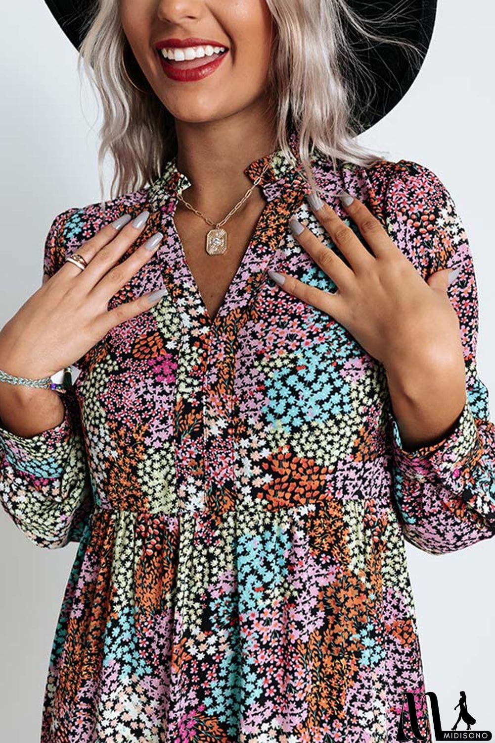 MidiSono - color Floral Print High Waist V Neck Shirt Dress