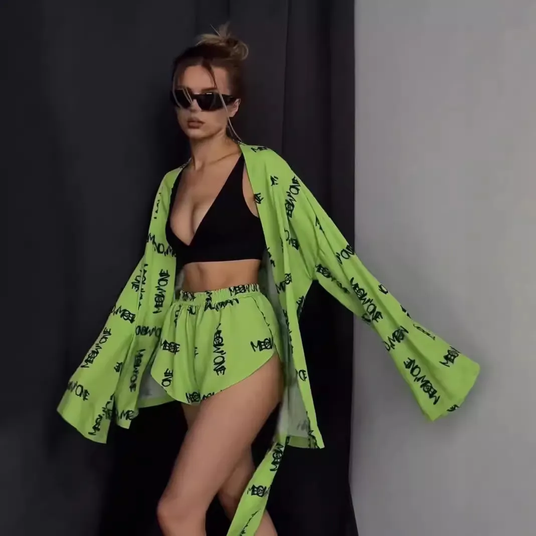 Nigikala Nigikala New Loose Long-Sleeved Women's Printed Casual Commute With Pajamas High-Waist Shorts Set