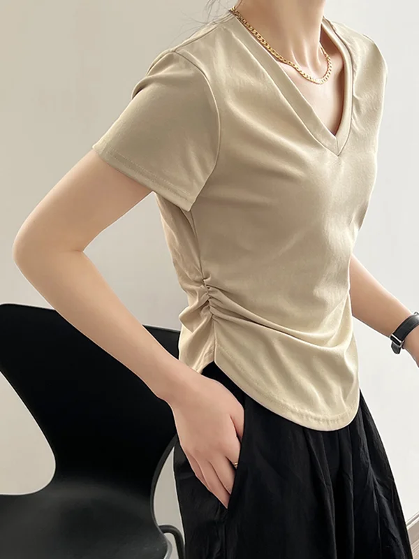 Solid Color Skinny Short Sleeves V-neck T-Shirts Tops