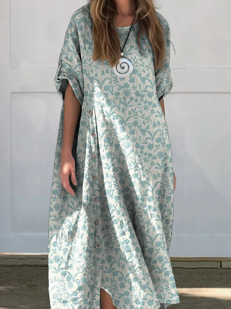 Women's Lovely Floral Silhouette Pattern Printed Linen Cotton   Dress