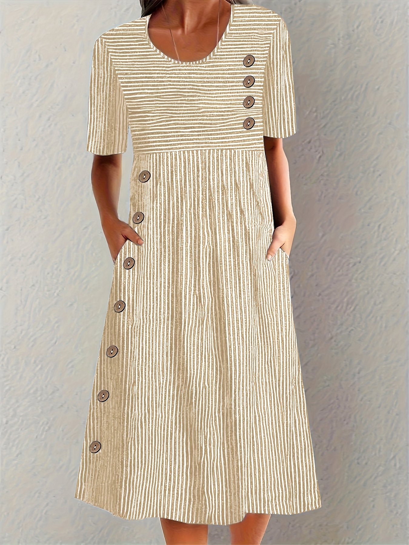Casual Elegant Summer Round Neck Striped Pocket Short Sleeve Dress For Women | IFYHOME