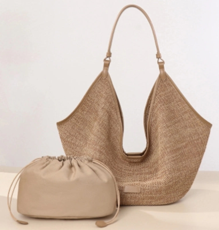 Women’s Large Raffia Solid Color Streetwear Bucket Magnetic Buckle Tote Bag