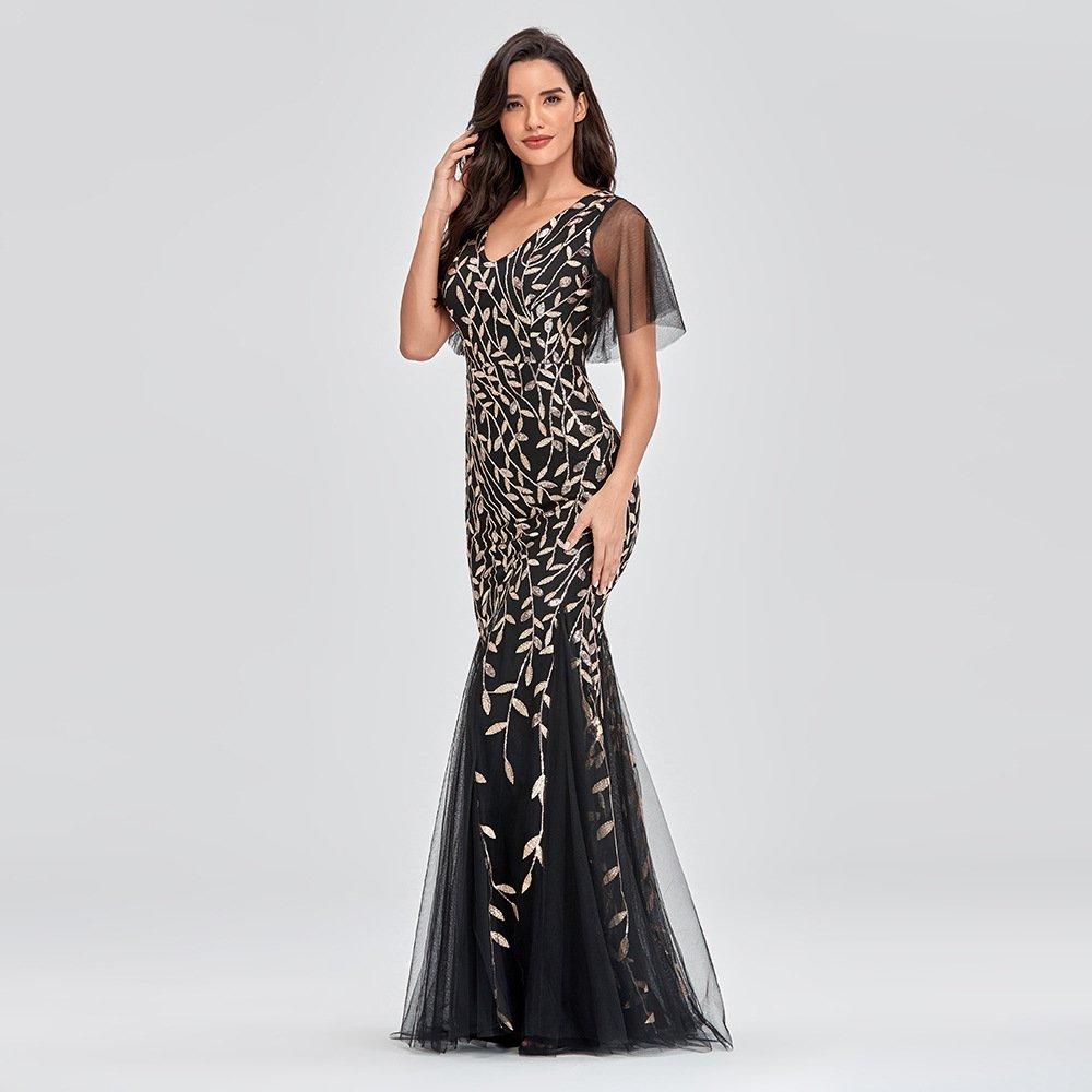  thdmladies Leaf Mesh Sequin Evening Dress thedmladies