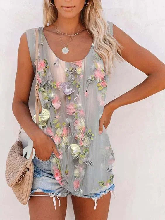 Floral Sleeveless  Printed  Cotton-blend Crew Neck  Holiday Summer Pink Top