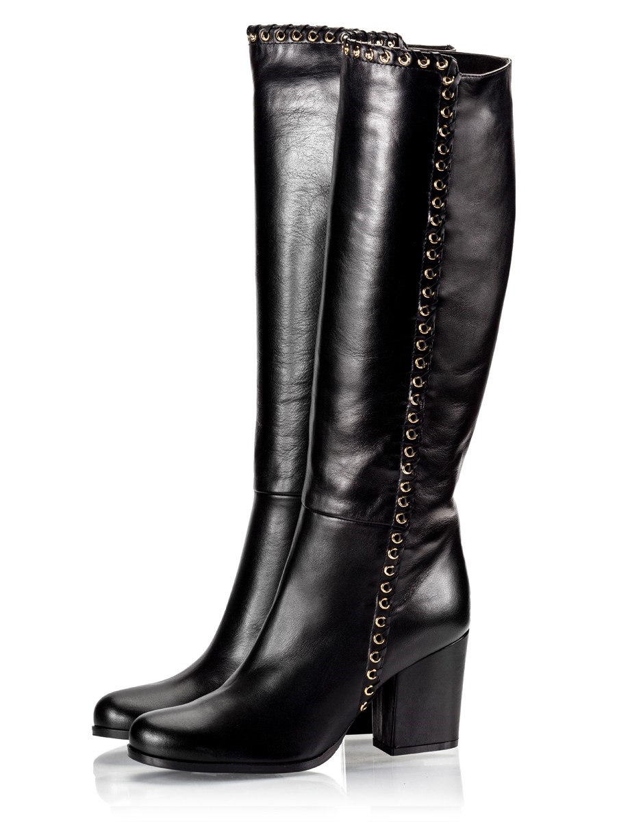 GOOSHOE Chunky Heel Knee-high Black Studs Boots